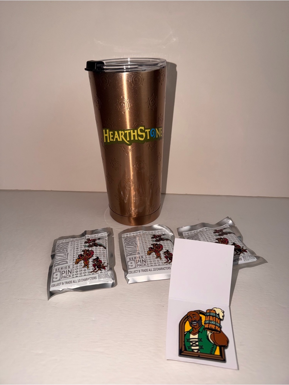 Hearthstone Blizzard Collectible Bundle Tumbler + 3 Sealed Series 9 Pin Packs
